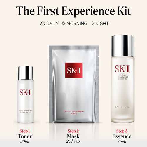 SK-II PITERA™ First Experience Kit with facial treatment essence, facial treatment clear lotion, and a facial treatment mask