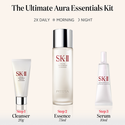 SK-II PITERA™ Ultimate Aura Essentials Kit skin brightening set with Facial Treatment Essence, Facial Treatment Cleanser, and GenOptics Ultraura Essence Serum