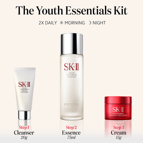 PITERA™ Youth Essentials Kit is a dark spot and fine line reduction set which includes Facial Treatment Cleanser, Facial Treatment Essence, and SKINPOWER Cream moisturizer